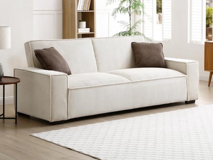 Vente-unique Uitschuifbare driezitsslaapbank van beige ribfluweel SEKOTA