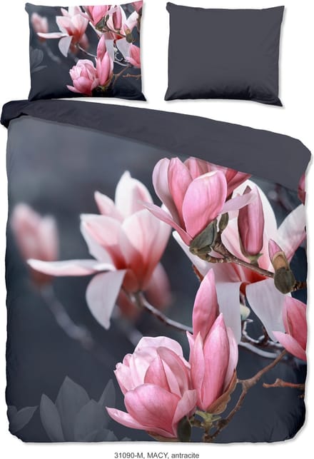 Pure dekbedovertrek magnolia bloemen - 2 persoons 200x200/220 cm - Antraciet - Microvezel