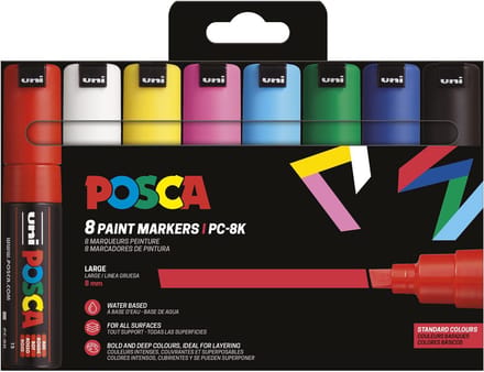 Uni POSCA paintmarker PC-8K | 8 mm | etui van 8 stuks in basiskleuren