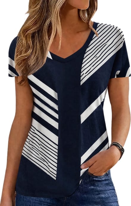 Casual Dames T-shirt - Regular Fit - Blauw en Wit