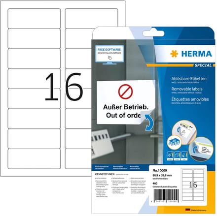 Etiketten A4 wei� 88,9x33,8 mm abl�sbar Papier 400 St.