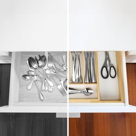 Uitschuifbare bestekbak - 5 tot 7 vakken - bamboe MDF - keukenlade organizer - natuur/wit