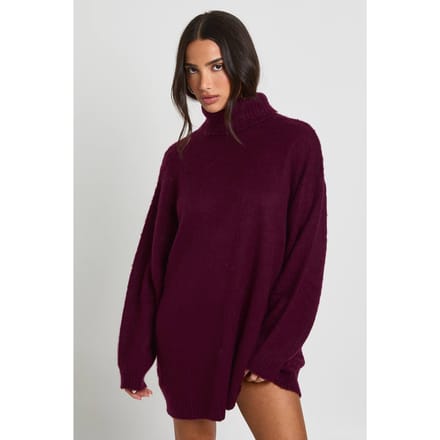 boohoo Dames Petite Super Soft Geborstelde Gebreide Rolkraag Mini-Jurk | Aubergine | Maat: Medium