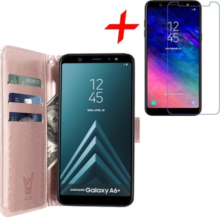 Hoesje geschikt voor Samsung Galaxy A6 Plus 2018 - Screen Protector GlassGuard - Book Case Kunstleer Pasjeshouder Rosegoud & Screenprotector