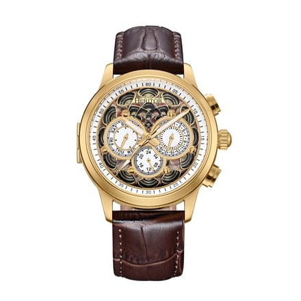 Heritor Automatic Apostle horloge met leren band en dag-/datumfunctie - goud/bruin
