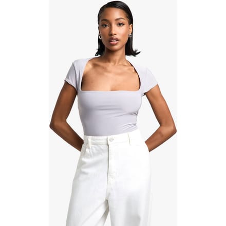 boohoo Dames Dubbel Laag Slinky Square Neck Cap Sleeve Bodysuit | Grey | Maat: 14