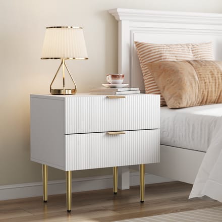 MODFU Nachtkastje van MDF en spaanplaat, modern ontwerp met 2 lades en golvend reliëf, wit