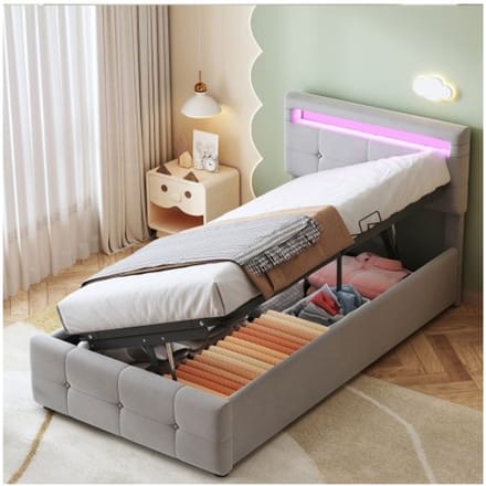 Kinderbed - MUVOE - 90x200 cm - LED-verlichting - Verstelbaar hoofdeinde - Hydraulische opbergruimte grijs