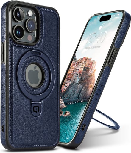 Perfeqt hoesje geschikt voor iPhone 16 Plus leren BackCover met Kickstand & Keyring houder - Blue