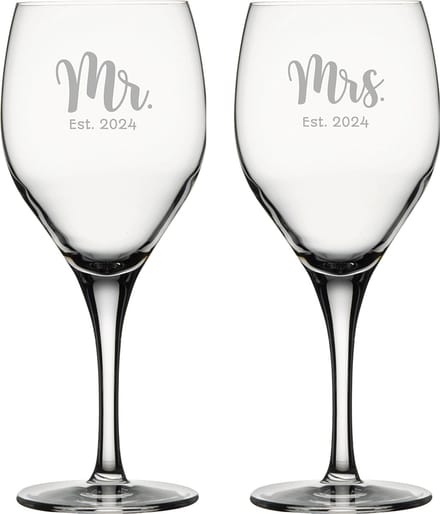 Gegraveerde set witte wijnglazen 34cl Mr. Est. 2024 - Mrs. Est. 2024
