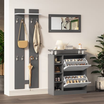 Wandgarderobe - 80x25x96.5 cm - Met Spiegel Panelen En Schoenenkast - MDF - Antraciet