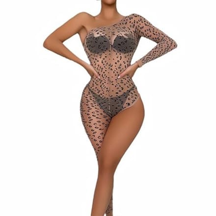 Luipaardprint catsuit met asymmetrisch ontwerp - Elastisch net lingerie bodystocking voor dames