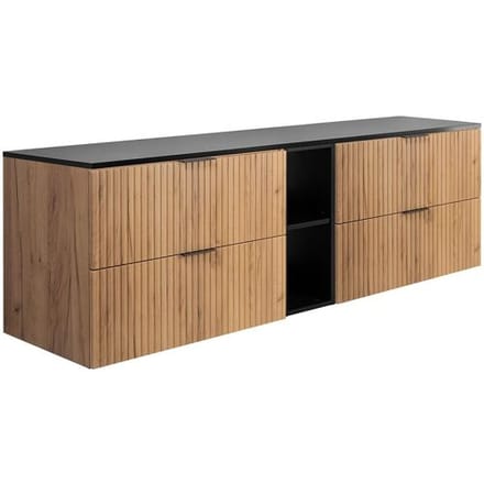 Geribbelde badmeubel FLOW 180 cm eiken met zwart rek en blad