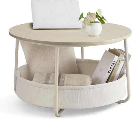 VASAGLE LCT244K01 Round Coffee Table with Storage Space Side Table Living Room Table with Fabric Basket Modern Metal Frame Natural Beige/Cream White