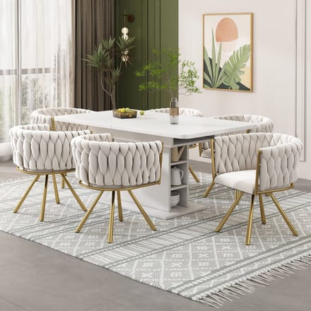 REDOM - Eetkamerstoelen Set Van 6 - 360° Draaibaar - Ergonomisch - Modern - Fluweel - Beige En Goud