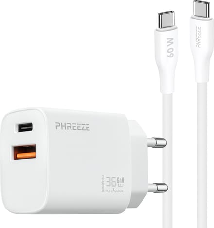 Usb adapter 35w met usb C naar usb C oplaadkabel snellader 1m wit