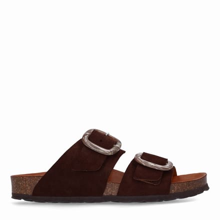 Manfield - Dames - Bruine suède slippers met gesp - Maat 36