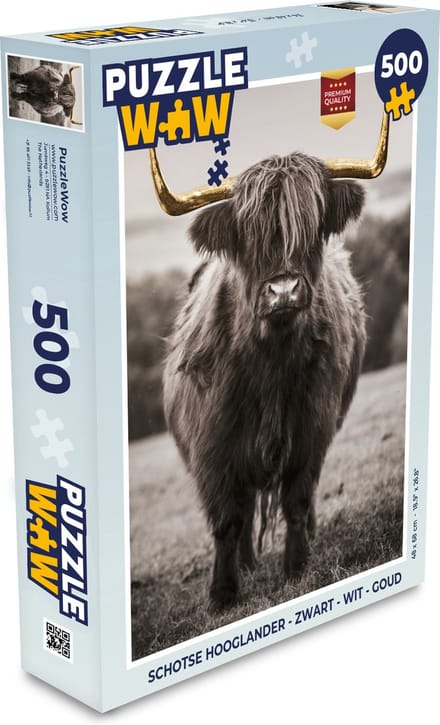 Puzzel Schotse hooglander - Zwart - wit - Goud - Legpuzzel - Puzzel 500 stukjes
