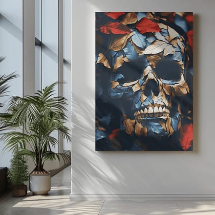 Canvas Schilderijen - Schedel met bladeren - Wanddecoratie - 90x60x2 cm