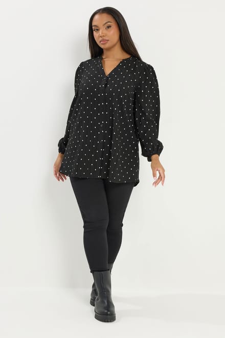 Yours Zwarte Blouse Met Stippen En Inkeping In De Hals Size 42