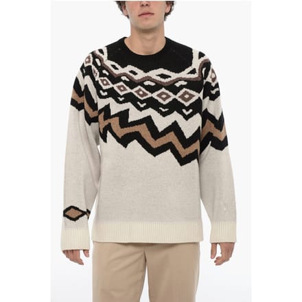 Wollen Boxy Fit trui met ronde hals in beige, Nero