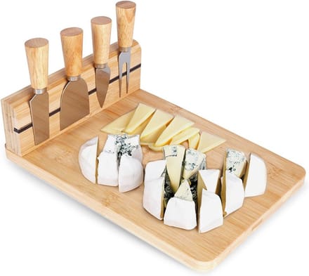 Kaasplank met Kaasmes Bamboe 5 delig - Serveerplank - Kaasmessen - Set - Hapjesplank - Mesjes - Snijplank