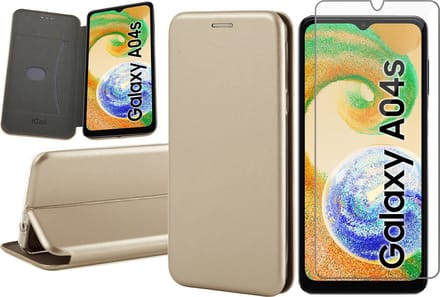 Hoesje geschikt voor Samsung Galaxy A04s / A13 5G - Screen Protector GlassGuard - Book Case Kunstleer ThinShield Goud & Screenprotector