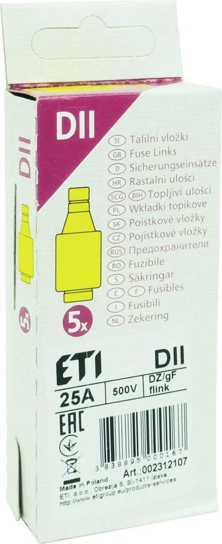 ETI Meterkast zekering DII - D-Patronen - 25A - Snel - 1x5 stuks