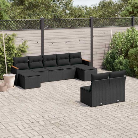 vidaXL - 9-delige - Loungeset - met - kussens - poly - rattan - zwart