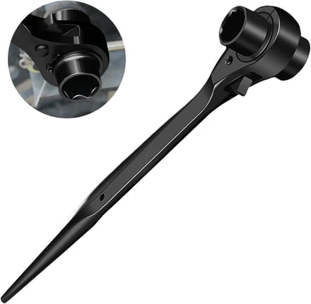 Multifunctionele ratelmoersleutel 19/22 mm voor steigerbouw, rechts/links schakelbaar, CR-V met matte chroomafwerking