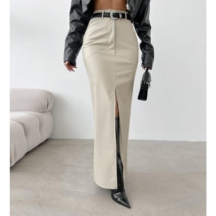 Dames Leer Design Split Effen Kleur Hoge Taille Simpele Leer Slanke Rok S wit