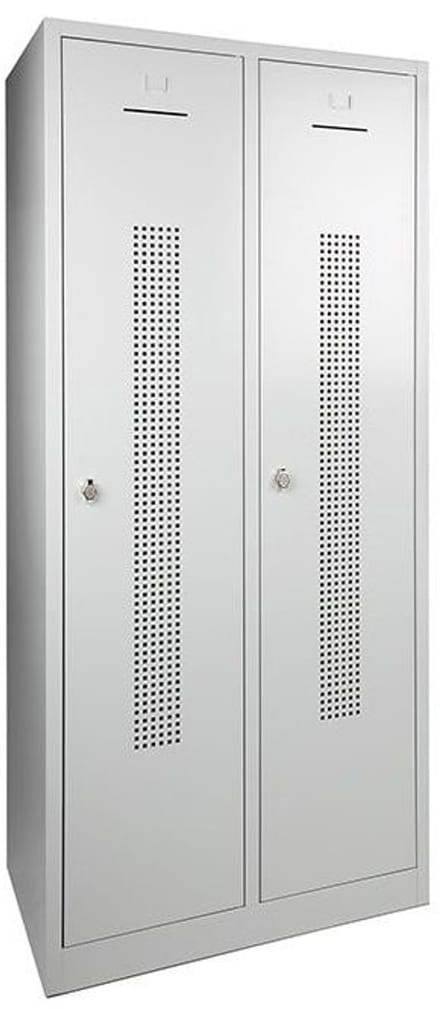 Garderobekast perfo deur breed 60CM .Sluiting Met hangoogsluiting. Aantal deuren 2. Op de sokkel en kleur deur Lichtgrijs