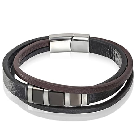 Mendes heren armband Multi Leer Edelstaal Zwart Bruin-22.5cm