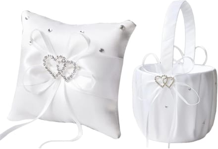 Bruiloft Set - Bloem Mand Kussen - Ceremonie Decoratie - Satijnen Strik - 20x20cm - Wit
