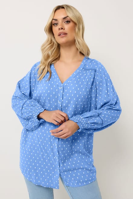 Yours Blauwe Dobby Top Met Lange Mouwen Size 50-52