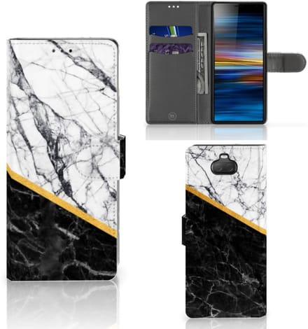 Sony Xperia 10 Bookcase Marmer Wit Zwart - Origineel Cadeau Man
