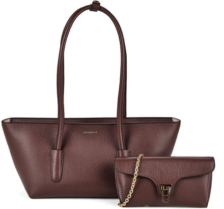 COCCINELLE Leren shopper Double Beat Grained Leather Handbag Berry donkerpaars