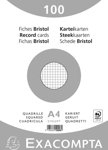 Exacompta 10x Pak 100 steekkaarten bristol in folie - geruit 5x5 niet geperforeerd 210x297mm - Wit - 10206E