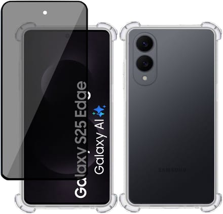 TechNow Hoesje + Privé Screenprotector geschikt voor Samsung Galaxy S25 Edge Hoesje Screenprotector - Privacy Tempered Glass - Case Transparant