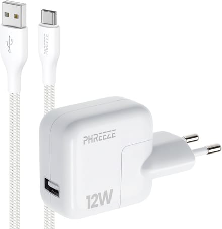 Phreeze 12 W usb stekker - Usb A naar usb C kabel - 1 meter - Oplaadstekker voor telefoon en tablet