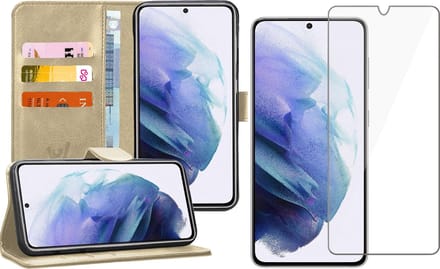 Hoesje geschikt voor Samsung S21 Plus en Screenprotector - Book Case Kunstleer Wallet Goud + Screen Protector Glas