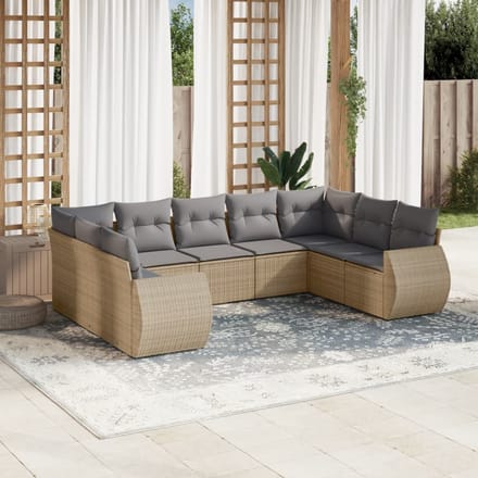 vidaXL - 9-delige - Loungeset - met - kussens - poly - rattan - beige