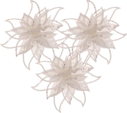 Cosy and Trendy kerstboomversiering bloemen op clip - 3x- wit - 14 cm - glitters