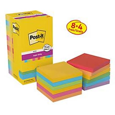 POST-IT ® Sticky Notes Super Sticky Notes Carnival + Playful Collection 654-SSCAPL-P8+4, B 76 x D 76 mm, 8 pads + 4 gratis, 90 vellen/pad, geassorteerde kleuren