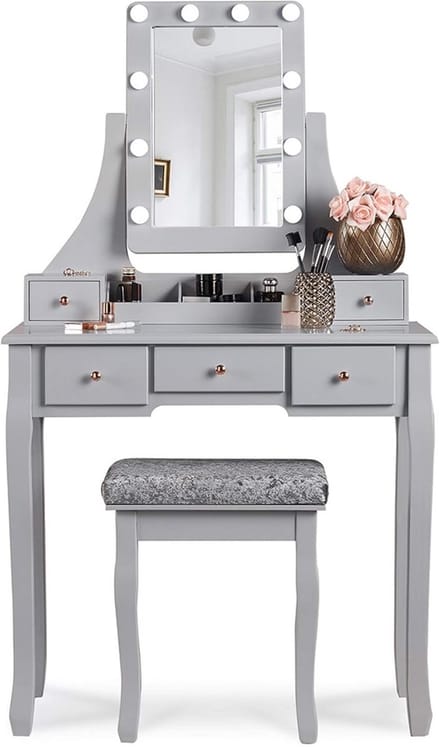 Luxe Make-uptafel Hollywoodstijl met Spiegel, Verlichting en Kruk