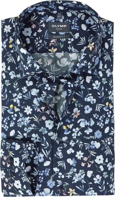 OLYMP modern fit overhemd - popeline - marine blauw dessin - Strijkvrij - Boordmaat: 43