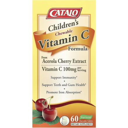 CATALO, formule de vitamine C à croquer pour enfants, 100mg, 60 comprimés à croquer végétaux (50mg par comprimé)