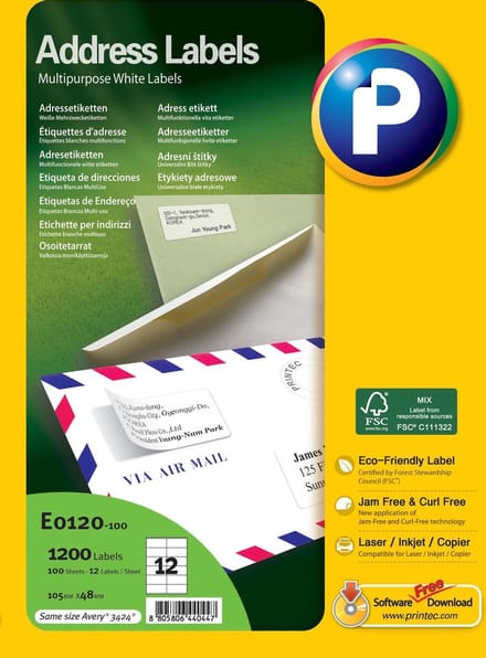 Printec Adres Etiketten - 100 Vel - 105x48mm - 12 Labels per A4 - 1200 Stickers