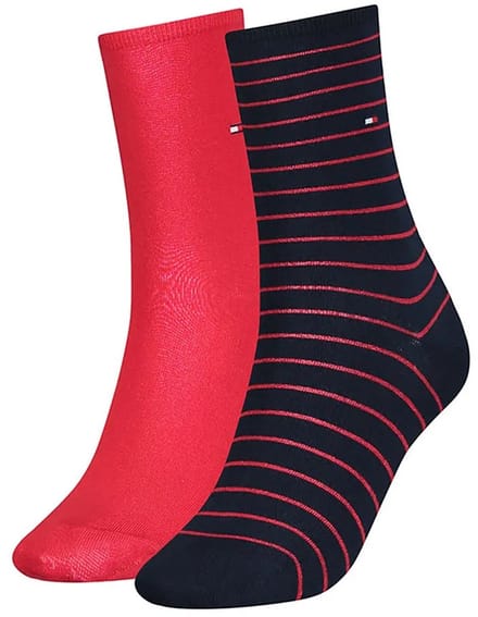 Tommy Hilfiger damessokken Small Stripe (2-pack) - uni en gestreept katoen - rood met blauw