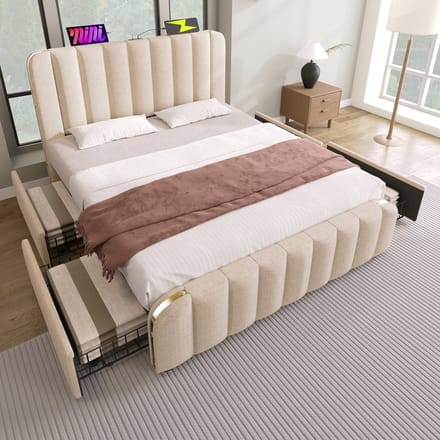 REDOM Bedframe 160x200 cm van linnen – Met USB/Type-C, 4 lades en metalen accenten – Beige